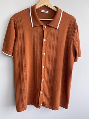 Coofandy Men’s Rust Orange Short-Sleeve Button-Down Knit Shirt
